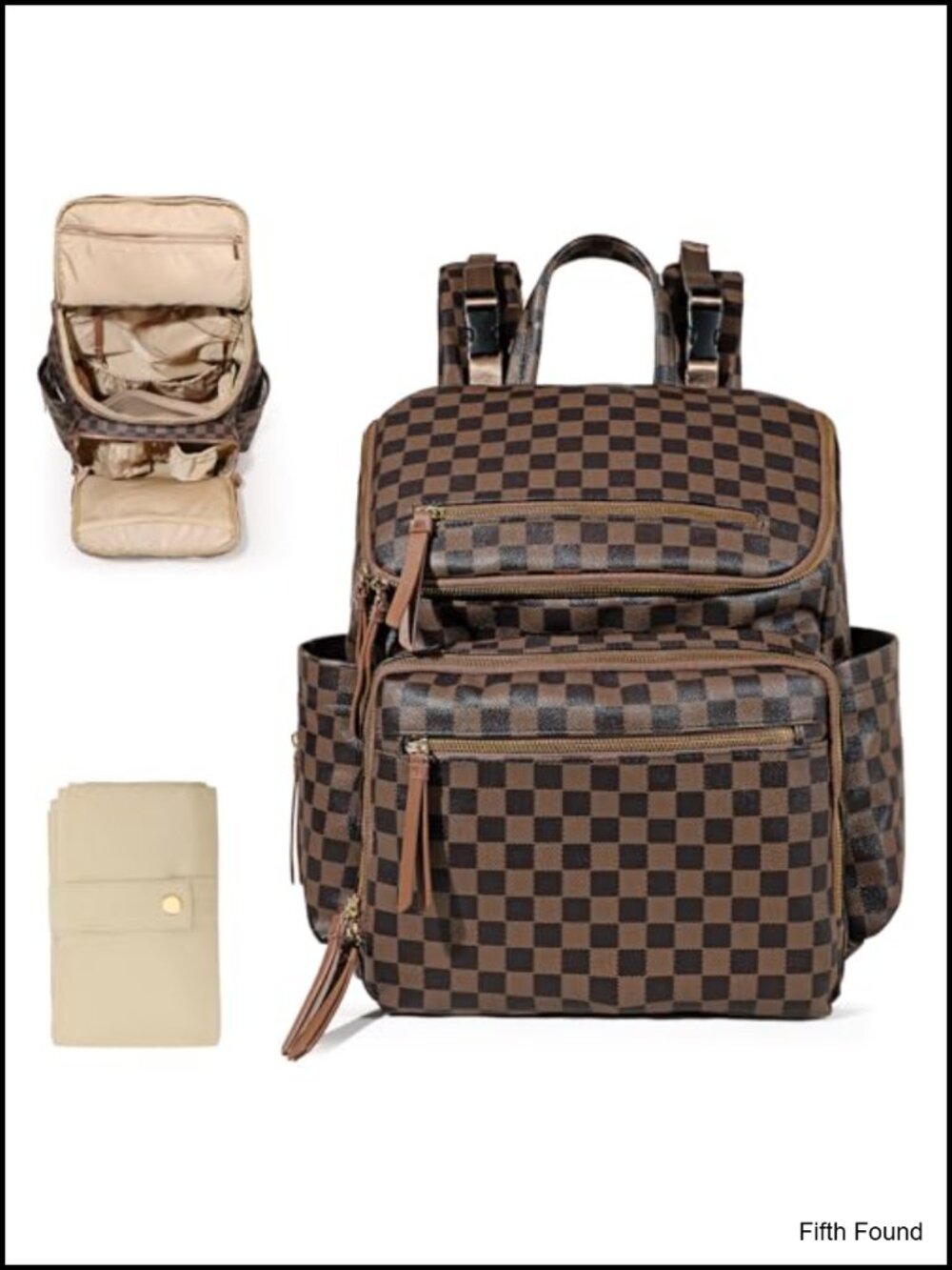 Checkered PU Leather Diaper Bag Backpack with Insulated Pockets, 17 Pockets
